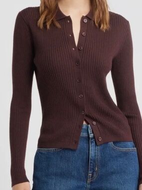 Open Edit Collared Merino Wool Cardigan Burgundy Fudge NWT/NEW Open Edit size xs